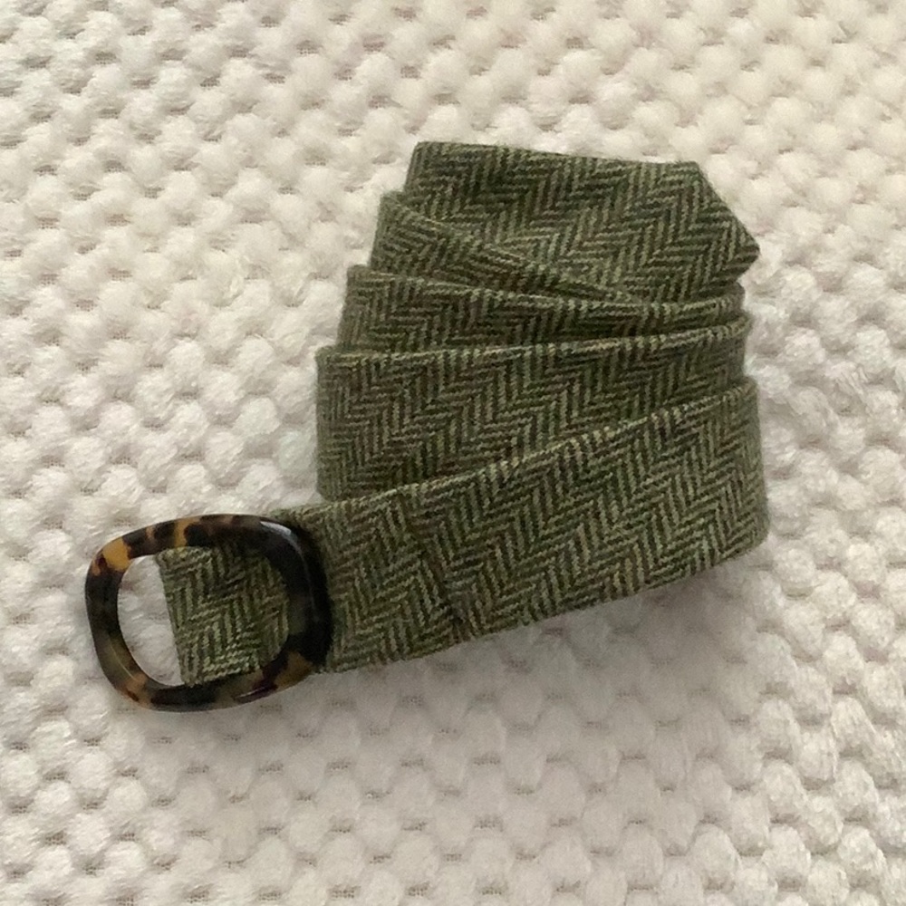 VTG. J. CREW WOOL NECKTIE HERRINGBONE BELT W/TORTOISE SHELL BUCKLE S/M